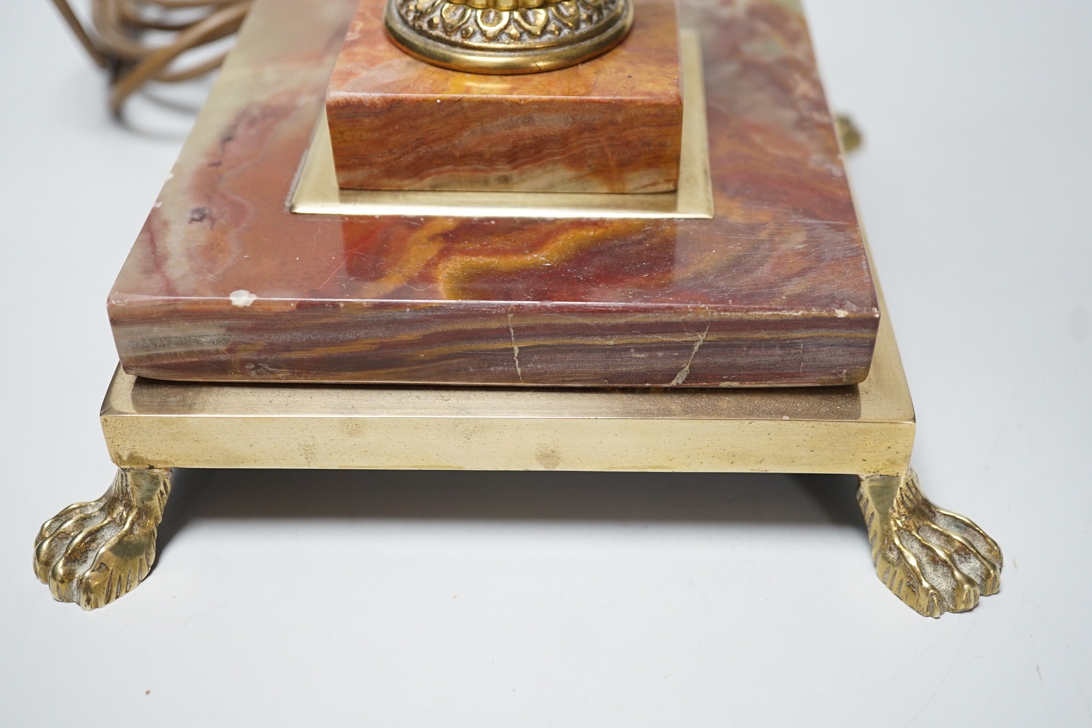A brass and onyx Corinthian column table lamp, 55cm total height